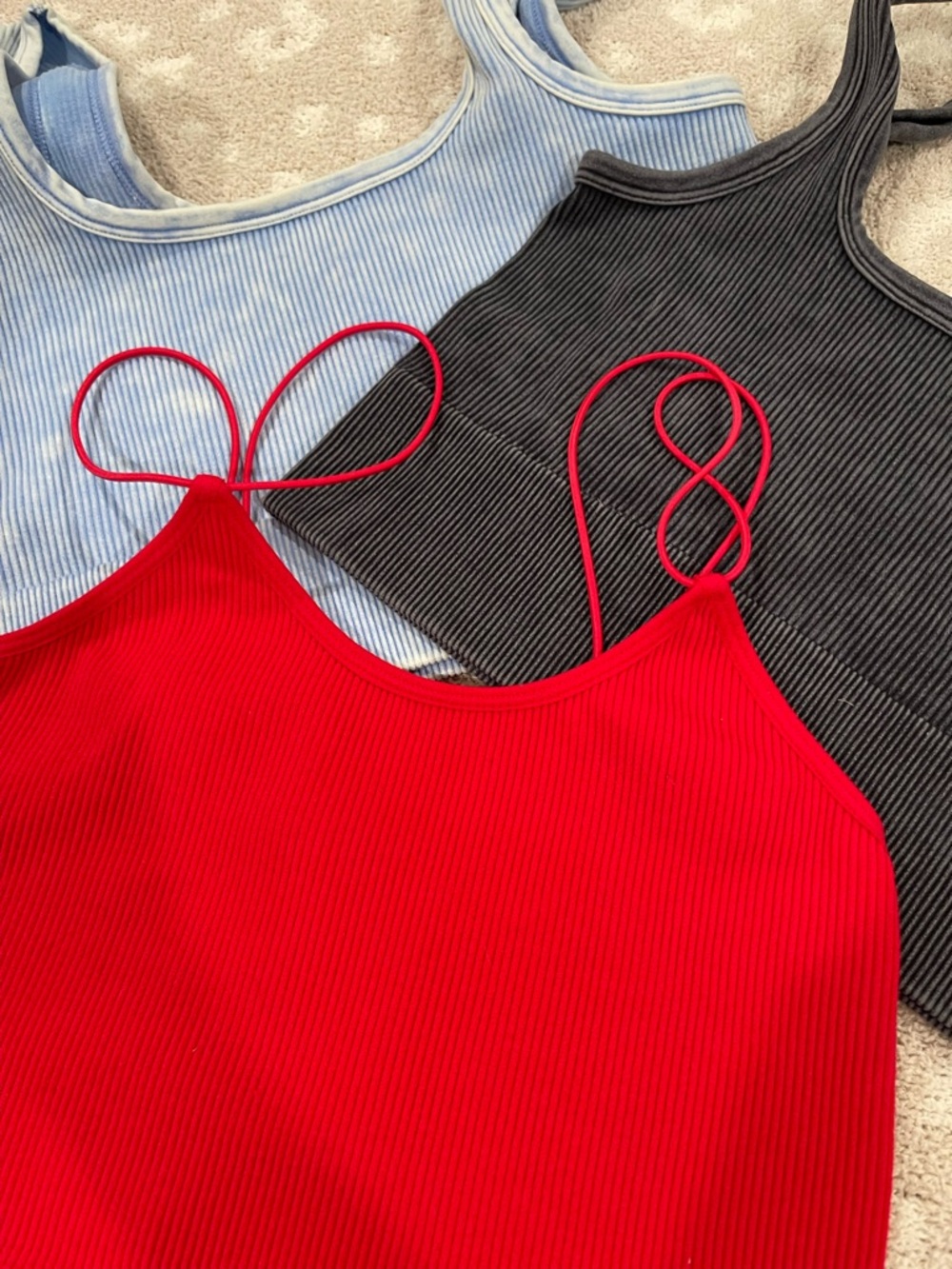 Zenana Outfitters 3 Ribbed Bralettes - Red, Light Blue, Charcoal - Picture 2 of 8